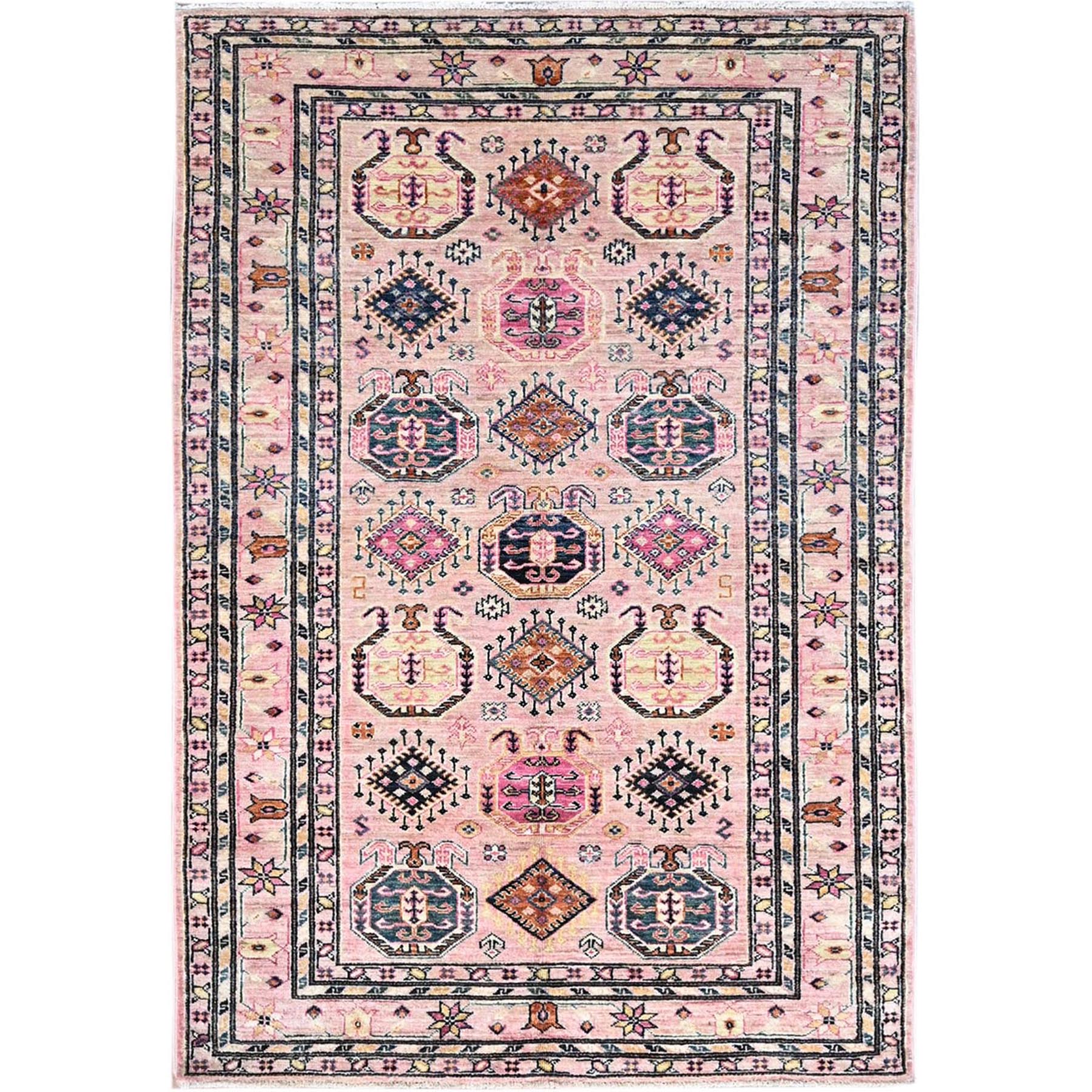 Primrose Pink, Natural Dyes Afghan Super Kazak, All Over Motifs, Densely Woven Soft Wool, Hand Knotted, Oriental Rug